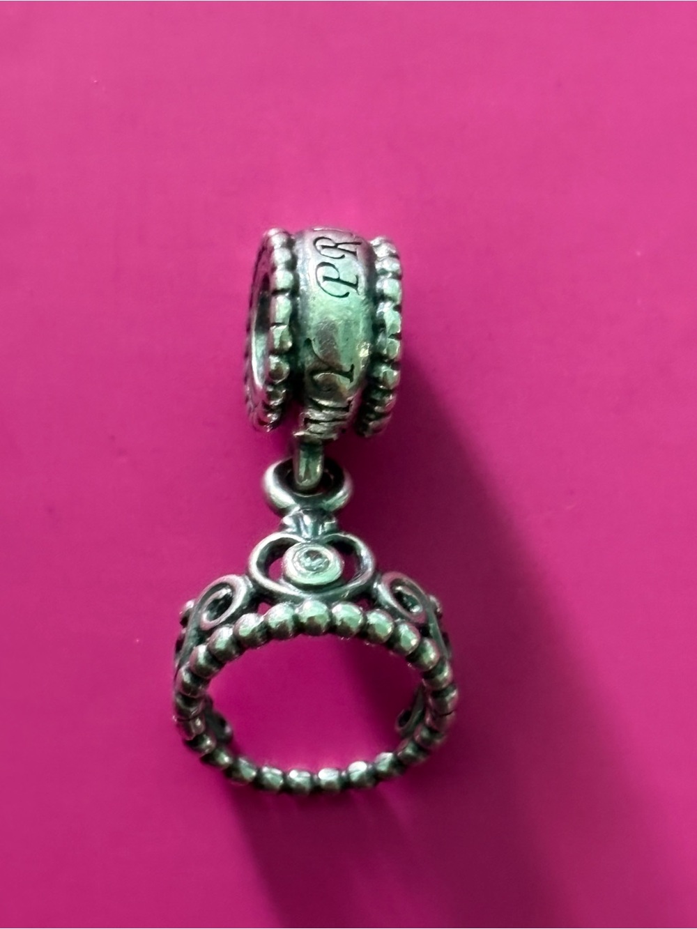 Pandora Silver Filigree Crown Dangle Charm - Pink Background